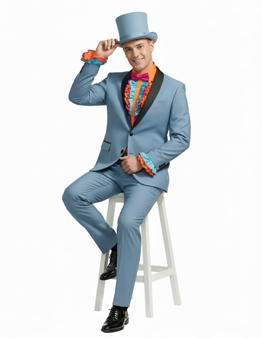 Dumb and Dumber Light Blue Tuxedo Costume for Men with Matching Top Hat – Classic 90s Party and Halloween Suit