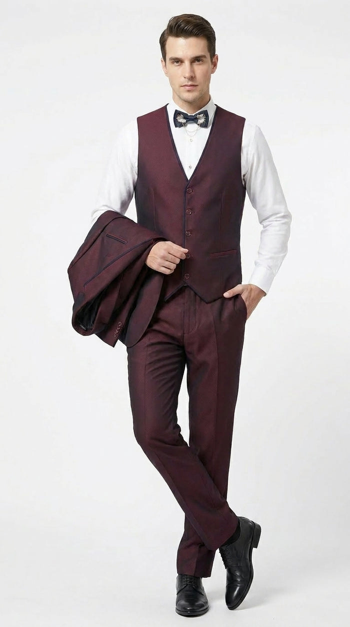 Men’s Burgundy Sharkskin Tuxedo with Satin Trim, Vested Formal Wedding and Prom Suit