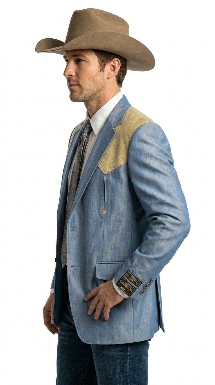 Men’s Steel - Light Blue and Bone Color Western Cowboy Blazer – Shiny Country Style Dress Jacket for Rodeo Saco De Hombre Vaquero