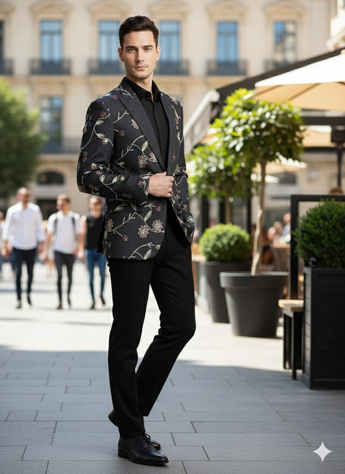 Luxury Black Floral Embroidered Blazer for Men  Designer Party and Wedding Wear Jacket
