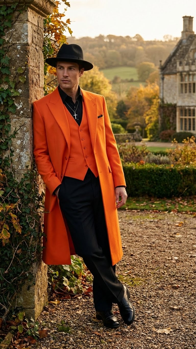 Mens halloween Costume Orange Long Zoot Suit Set With Black Shirt and Black Pants included