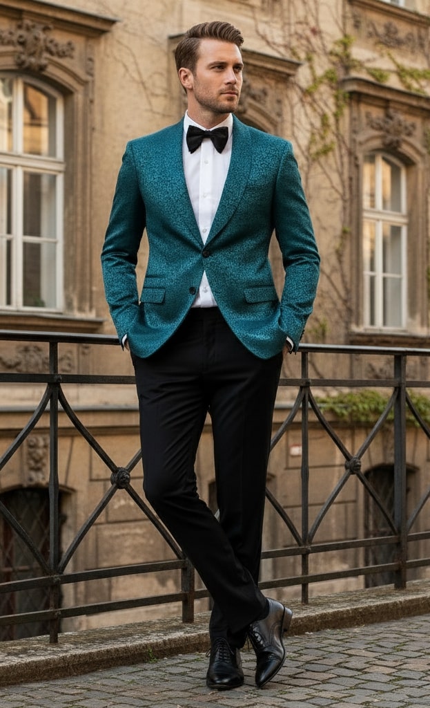 Mens Teal Blue Paisley Tuxedo Jacket  Elegant Shawl Lapel Dinner Blazer for Weddings, Prom and Formal Events - Greenish Blue