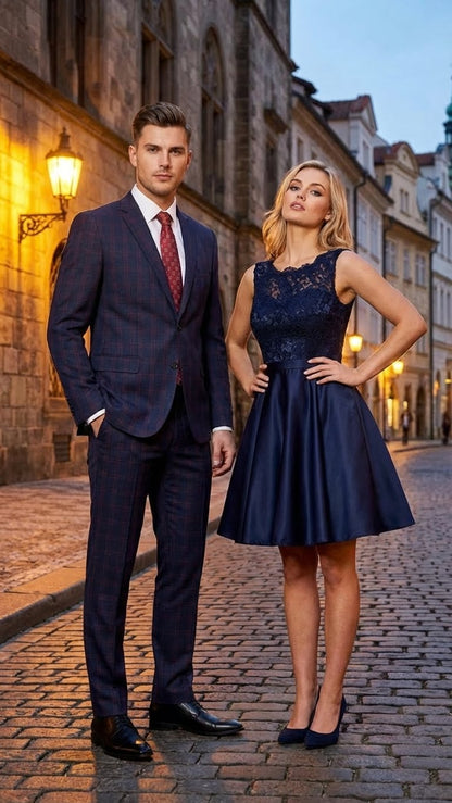 Mens Navy Blue and Burgundy Checkered Two-Piece Suit Plaid Windowpane  Flat Front Pants or Pleated Wide Leg Pants - 100% Wool