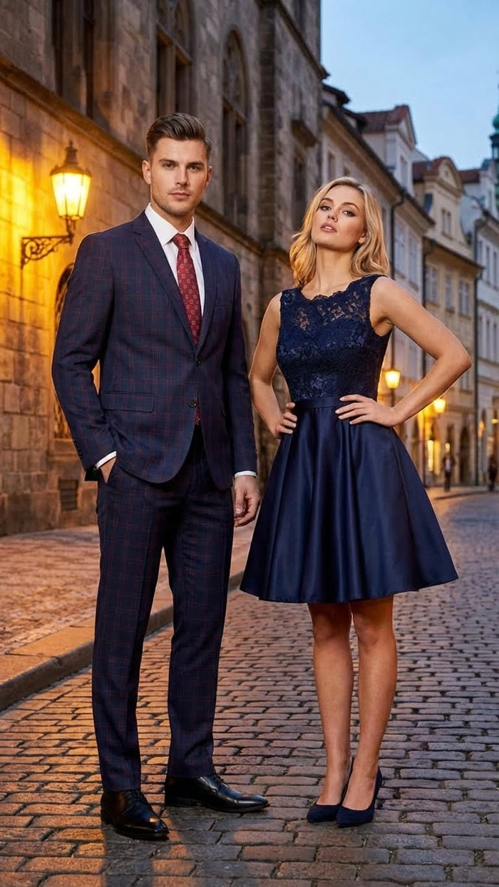 Mens Navy Blue and Burgundy Checkered Two-Piece Suit Plaid Windowpane  Flat Front Pants or Pleated Wide Leg Pants - 100% Wool