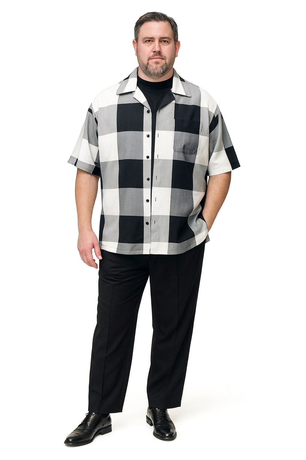 Mens Black and White Checkered Short Sleeve Shirt Set  Casual Two-Piece Summer Outfit