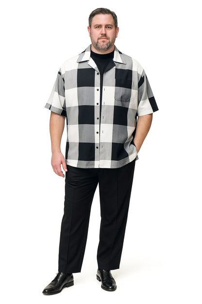 Mens Black and White Checkered Short Sleeve Shirt Set  Casual Two-Piece Summer Outfit