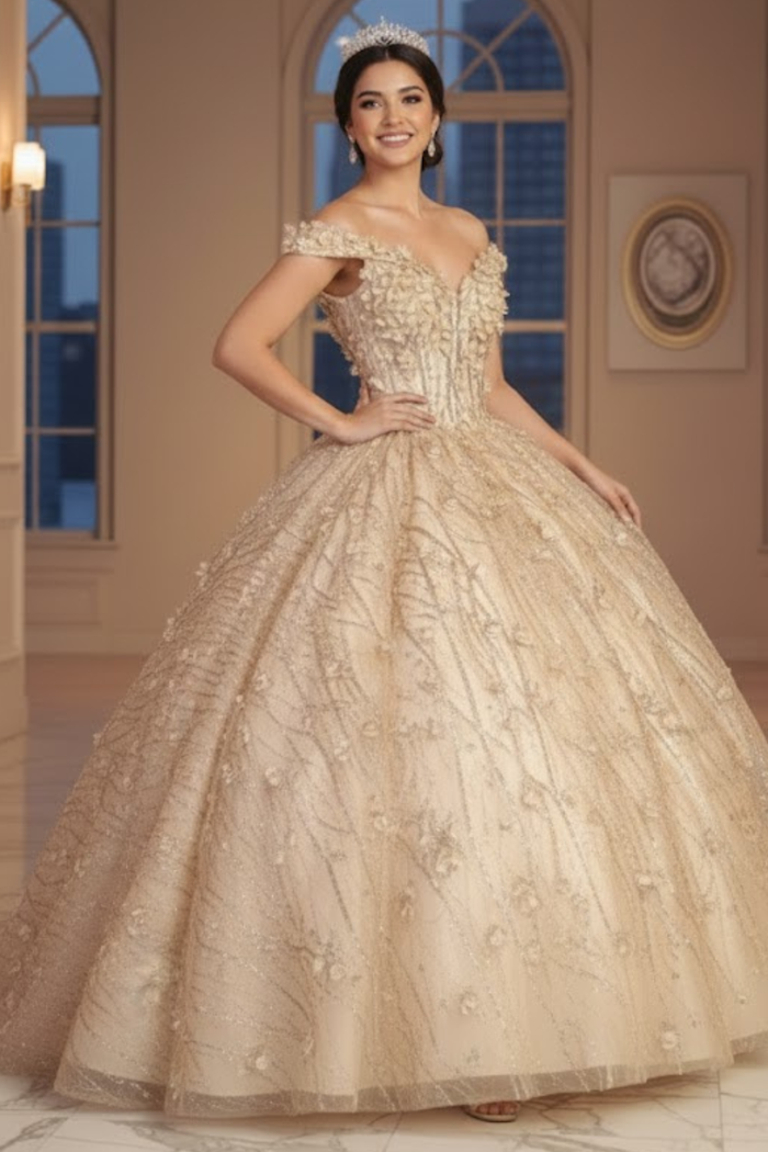 3D Floral Applique Glitter Quince Ball Gown & Plus Size