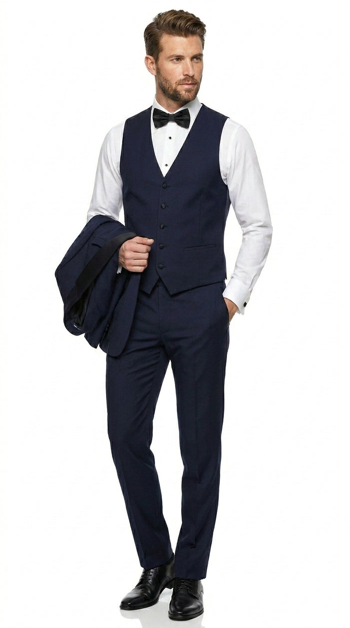 Men’s Navy Blue Vested Wool Tuxedo with 1 Button Jacket, Black Shawl Lapel and Matching Pants
