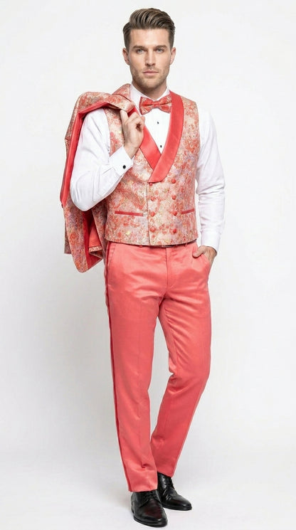 Men's One Button Paisley Wedding Tuxedo with Double Breasted Vest in Coral Orange