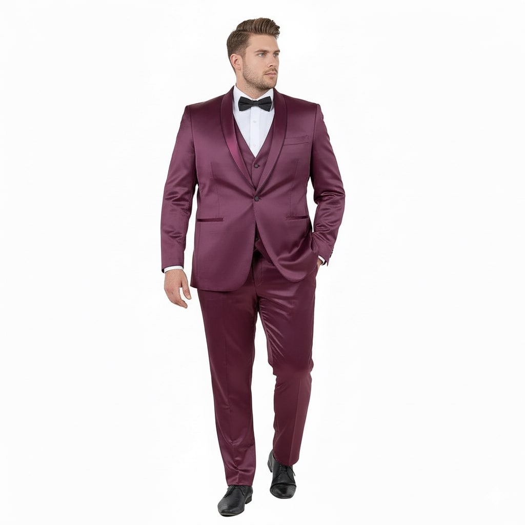 Mens Sateen Shiny Burgundy Slim Fit Tuxedo  Satin Shawl Lapel 3-Piece Suit