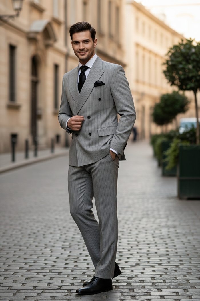 Men's Grey and Black Pinstripe Double-Breasted Suit - 1920s Gangster Vintage Looking suit By Rossiman