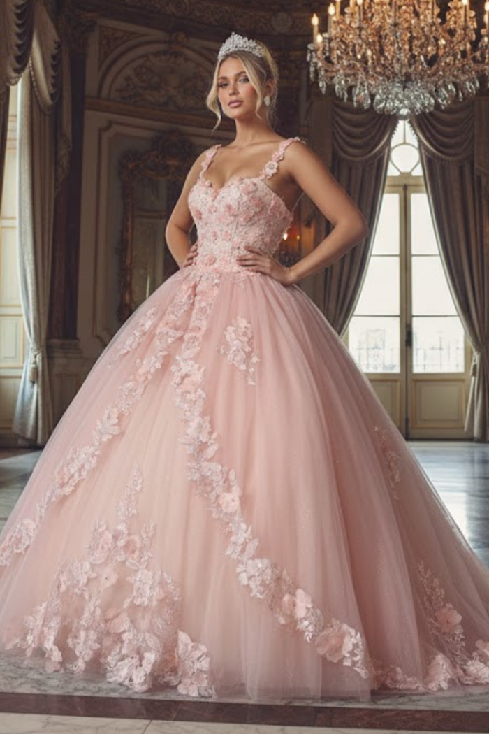 Sleeveless Glitter Floral Ball Quinceanera Gown