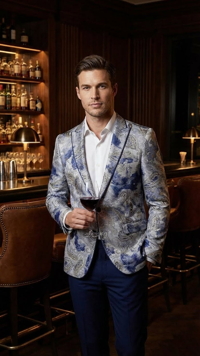 Mens Navy Blue and Gray Paisley Print Blazer Prom Jacket for Formal, Party, and Evening Wear
