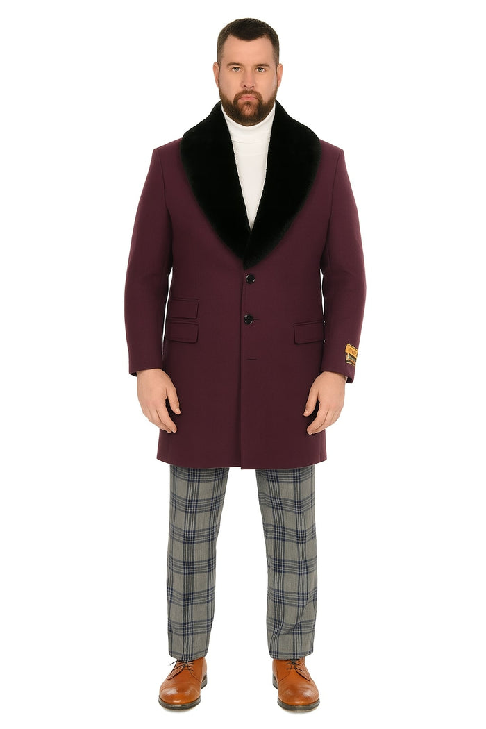 Mens Purple Wool Overcoat with Black Faux Fur Collar  Luxury Winter Dress Coats for Formal and Casual Wears