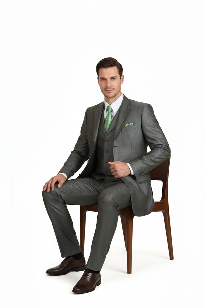 Mens Olive Green 3-Piece Suit  Classic Fit with Vest and Tie Pleated Pants Three Buttons