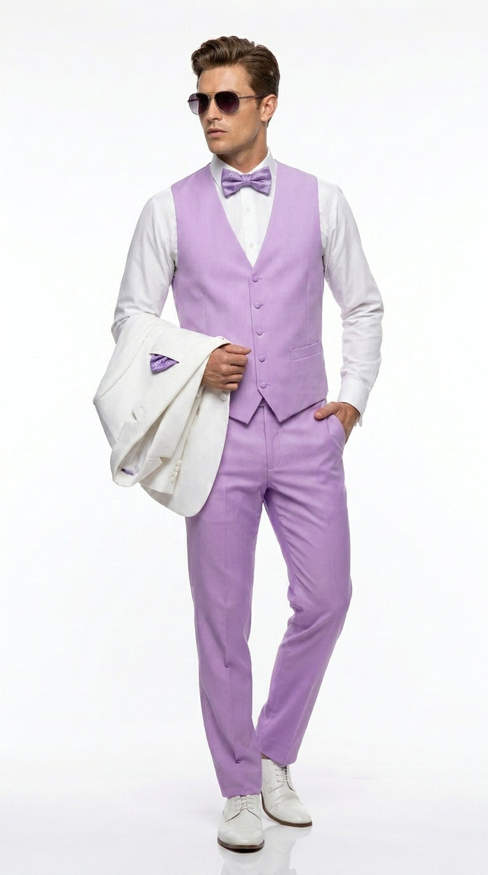 Men’s White and Lavender Tuxedo Wedding Suit with Dinner Jacket, Vest, Pants and Bow Tie