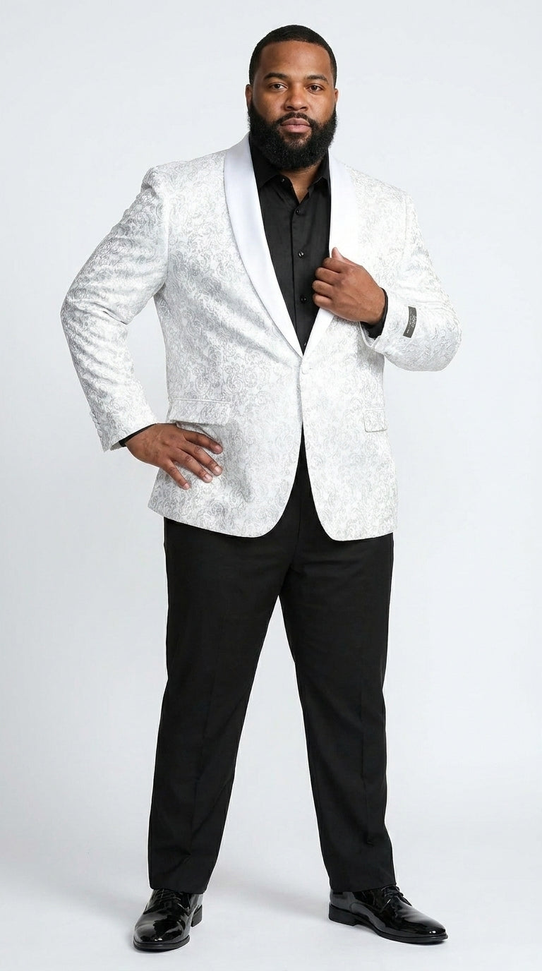 Men’s White Tonal Paisley Tuxedo Jacket with Satin Shawl Lapel, Wedding and Prom Dinner Blazer