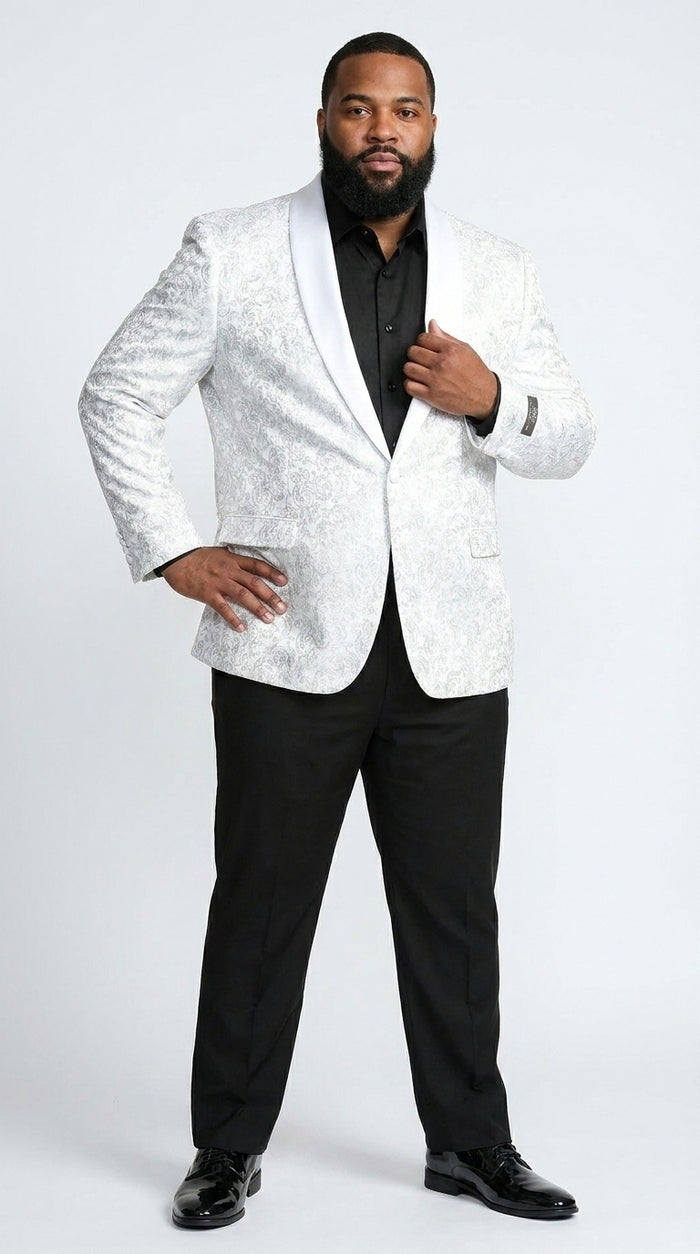 Men’s White Tonal Paisley Tuxedo Jacket with Satin Shawl Lapel, Wedding and Prom Dinner Blazer
