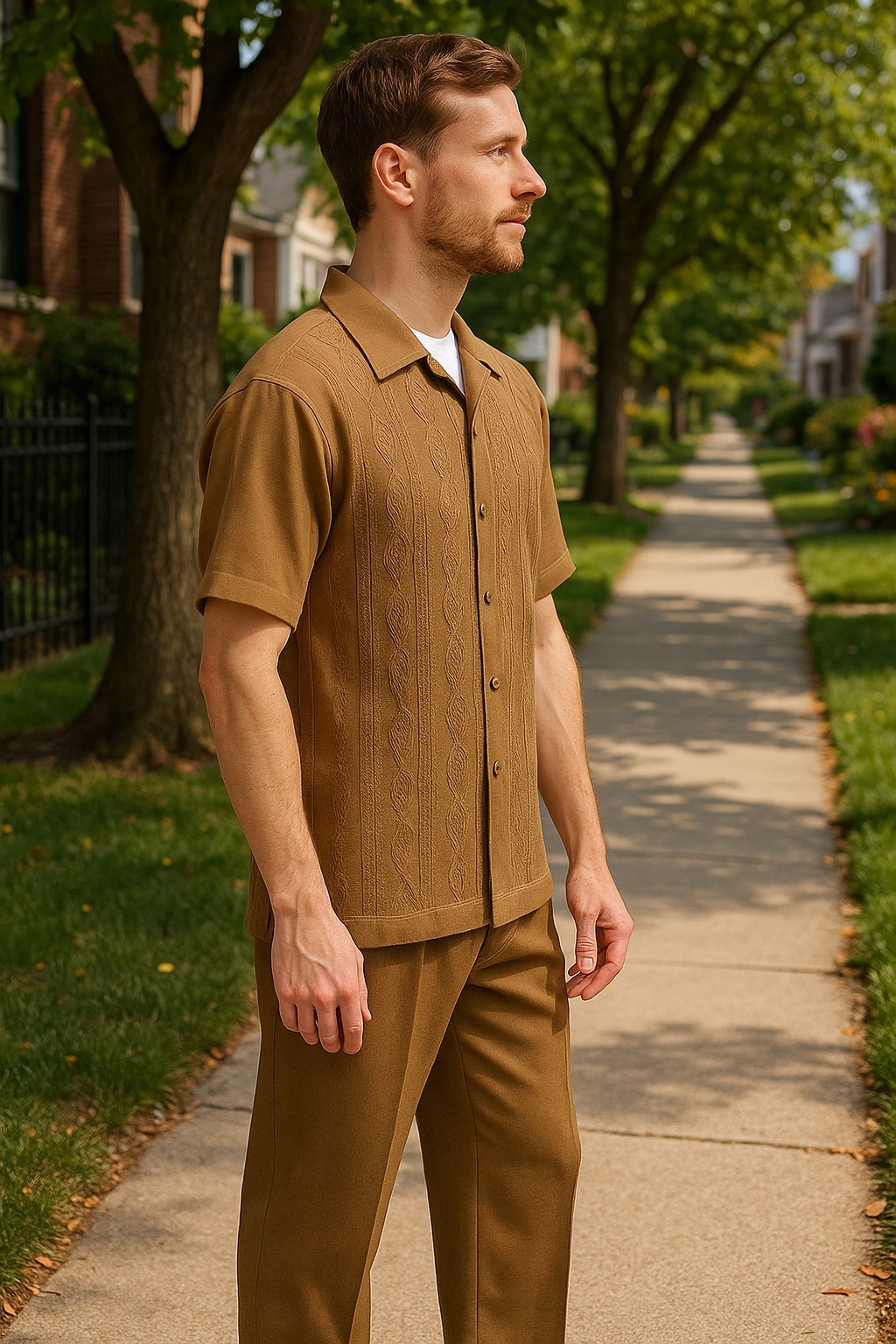 Mens Mocha Brown Short Sleeve Knit Walking Suit  Two-Piece Casual Button Down Set in Taupe Coffee Color