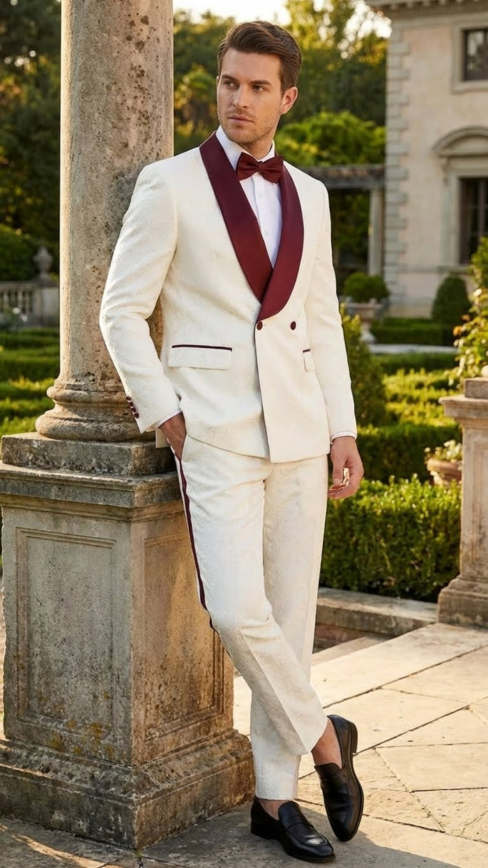 Mens Ivory and Burgundy Jacquard Tuxedo Suit  Luxury Slim Fit 3-Piece Formal Wedding, Prom, and Gala Outfit in Cream Off White Color