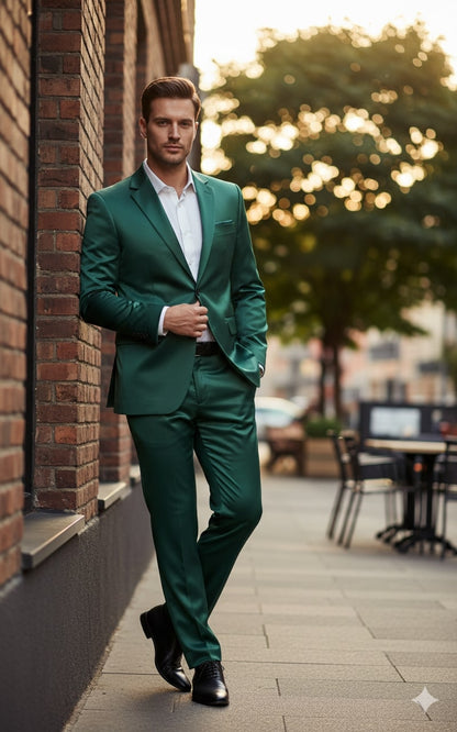 Mens Shiny emerald Green Sateen 2-Piece Slim Fit Suit  Formal Blazer and Pants Set Prom Wedding