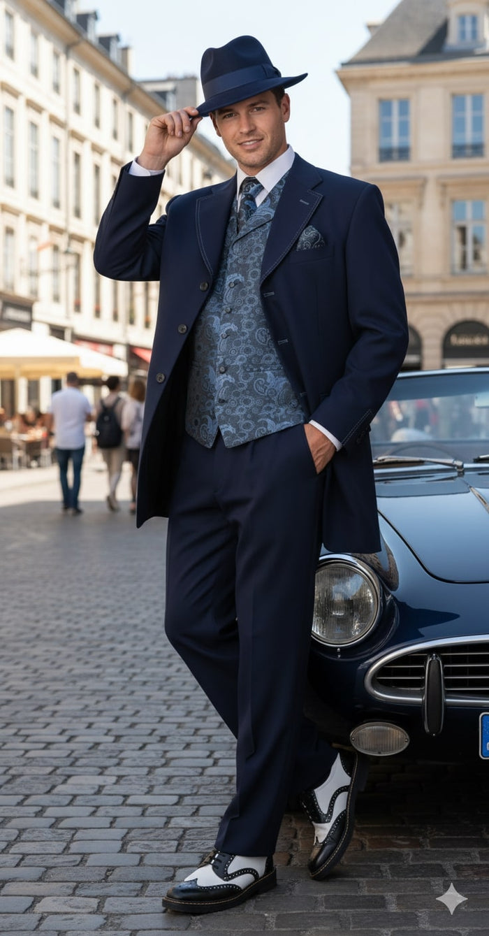 Mens 1920s Navy Blue Zoot Suit  Vintage Gangster 3-Piece Long Jacket Suit Classic Fit Pleated Pants