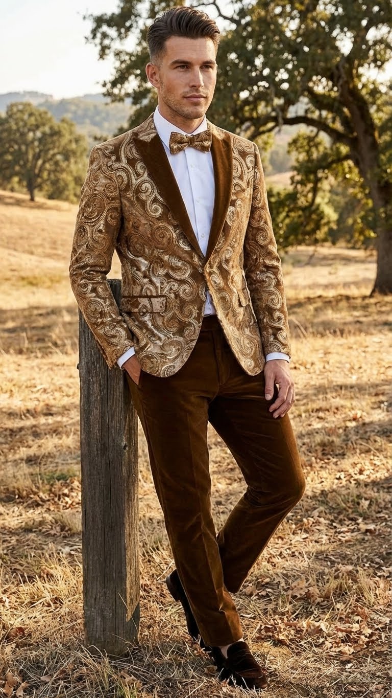 Mens Goldish Light brown Tuxedo dinner Jacket Embroidered Blazer  Velvet Jacket for Formal Paisley Pattern Coffee Mocca Color
