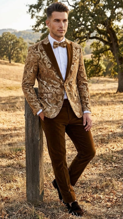 Mens Goldish Light brown Tuxedo dinner Jacket Embroidered Blazer  Velvet Jacket for Formal Paisley Pattern Coffee Mocca Color