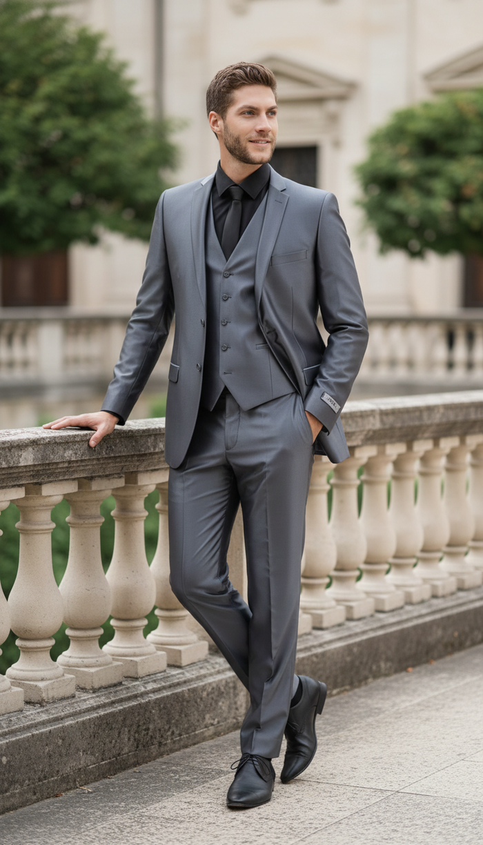 Mens Dark Grey Shiny Two-Piece Suit  Slim Fitted Formal Jacket and Tailored Pants - Sateen Metalic in Charcoal Gray Color