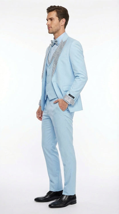 Men’s Light Blue Suit with Silver Glitter Lapel – Light Blue Formal Tuxedo Suit for Prom, Wedding and Special Occasion Wear in Sky Baby Blue