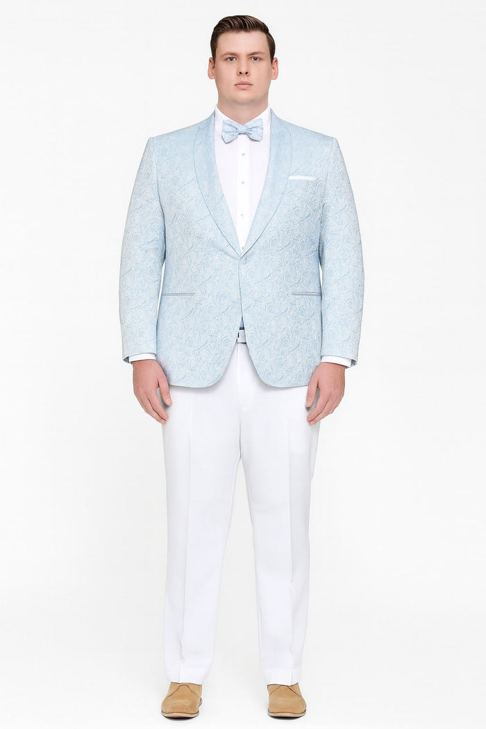Mens Light Blue Paisley Tuxedo Jacket with Matching Bow Tie  Slim Fit Blazer for Weddings, Prom, and Formal Events