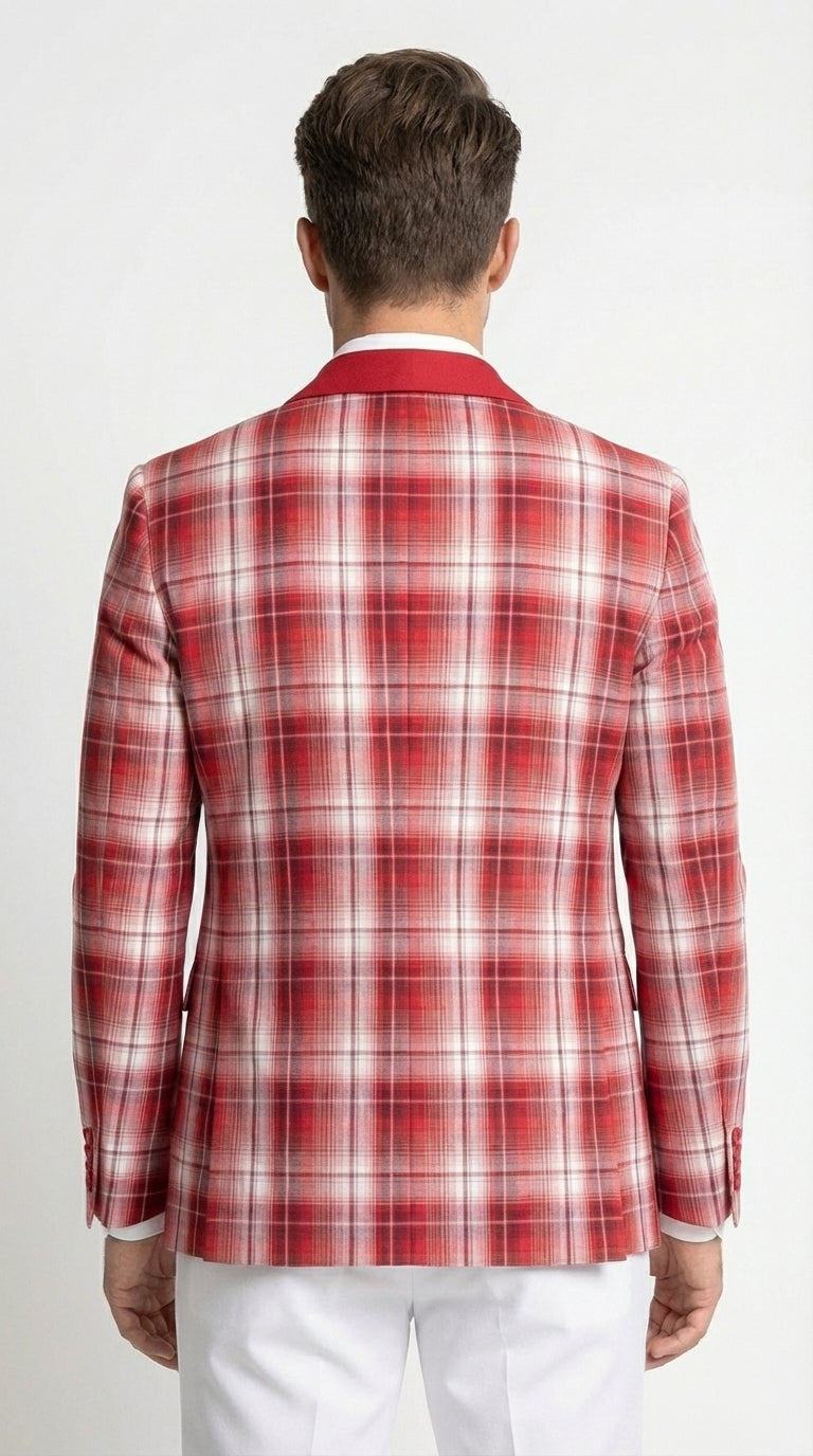 Mens Tartan Red and White Plaid Blazer – Check Pattern Sport Coat Red Shawl Lapel Party Christmas Holiday New Year