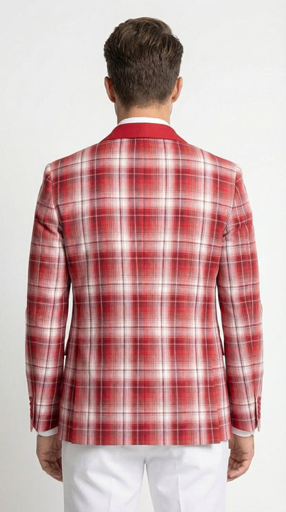 Mens Tartan Red and White Plaid Blazer – Check Pattern Sport Coat Red Shawl Lapel Party Christmas Holiday New Year