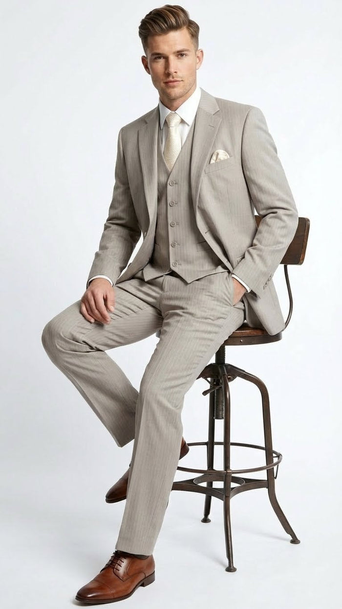 Mens Light Tan Pinstripe 3 Piece Suit with Jacket, Vest, and Pants | Shadow Stripe Tone Tone Pleated Pants Classic