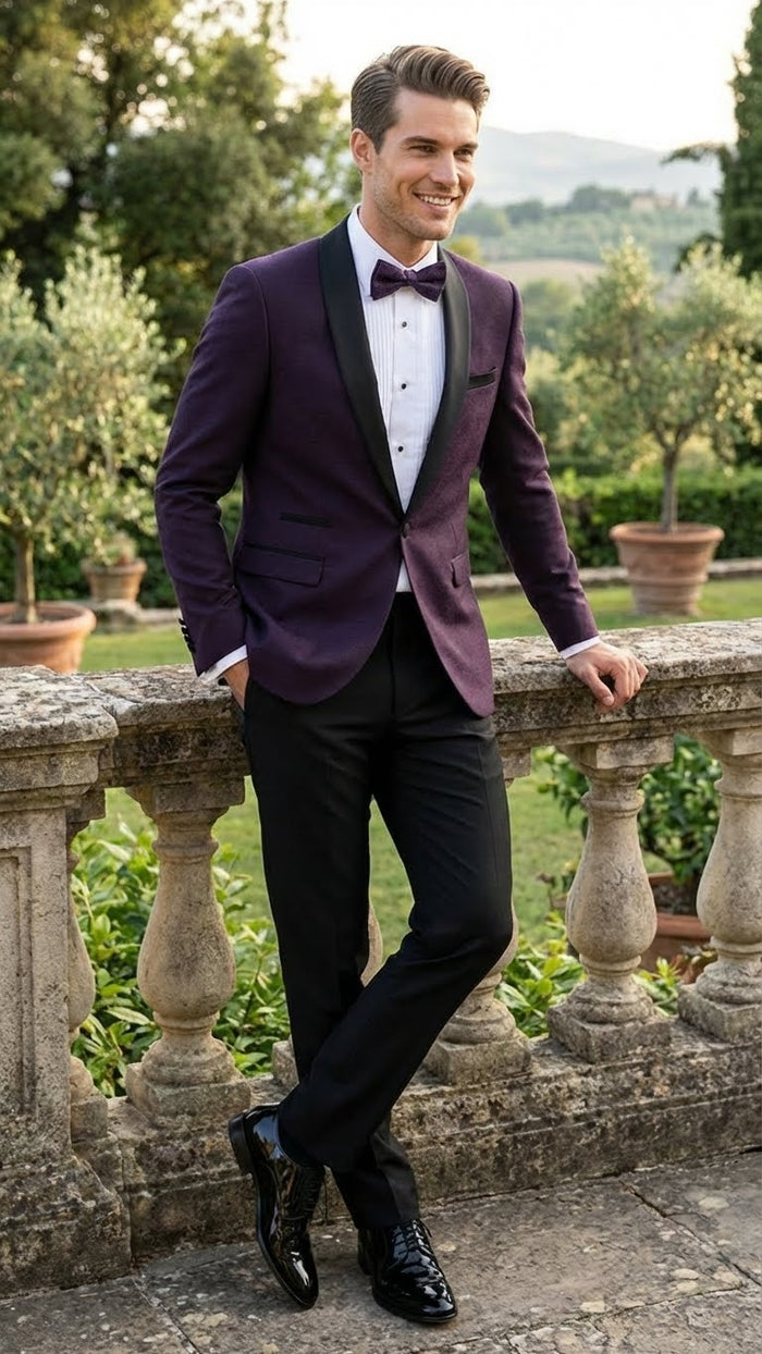 Men's Eggplant Plum Purple Tuxedo Blazer with Satin Lapel, White Tuxedo Shirt and Matching Purple Bow Tie - Slim Fitted - Prom wedding Suit With Pants