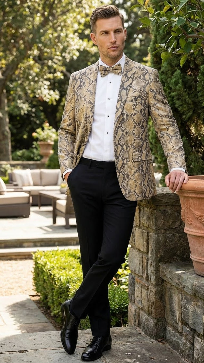 Mens Beige and Black Snakeskin Print Blazer  Alligator Crocodile Exotic Sking Sport Coat Jacket in Tan Camel Color