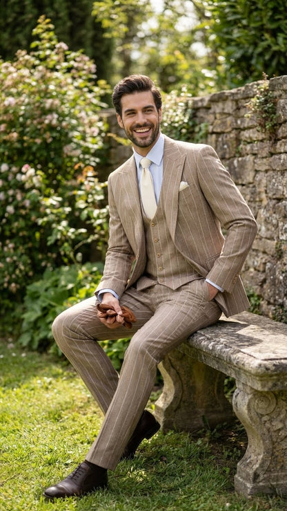 Men's Beige Pinstripe Three-Piece Vested Suit  Tailored Fit  Business Attire in Tan Stripe by Rossiman