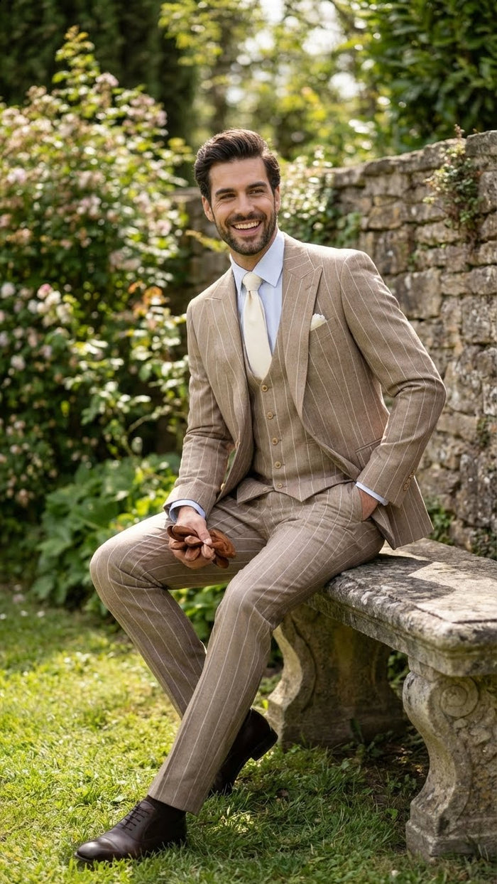 Men's Beige Pinstripe Three-Piece Vested Suit  Tailored Fit  Business Attire in Tan Stripe by Rossiman
