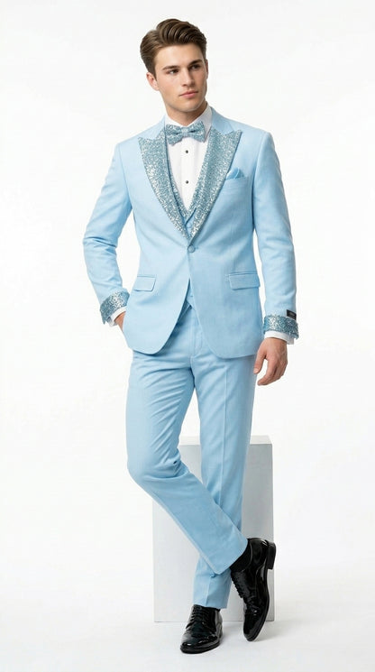 Men’s Baby Blue Prom Tuxedo Suit with Silver Rhinestone Sequin Lapel and Matching Vest
