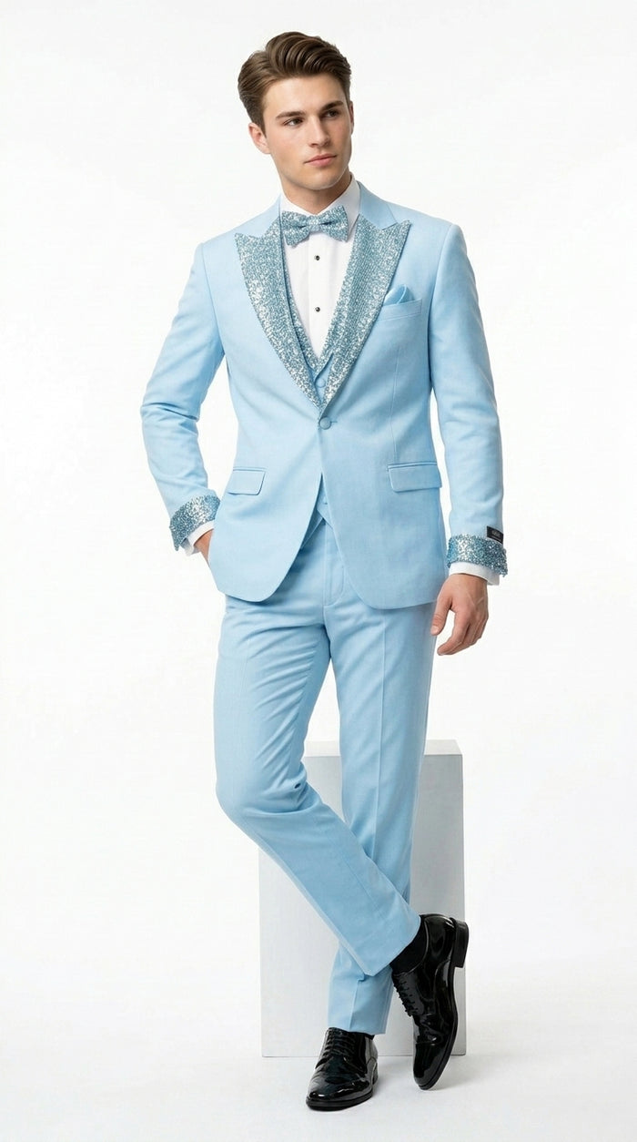 Men’s Baby Blue Prom Tuxedo Suit with Silver Rhinestone Sequin Lapel and Matching Vest
