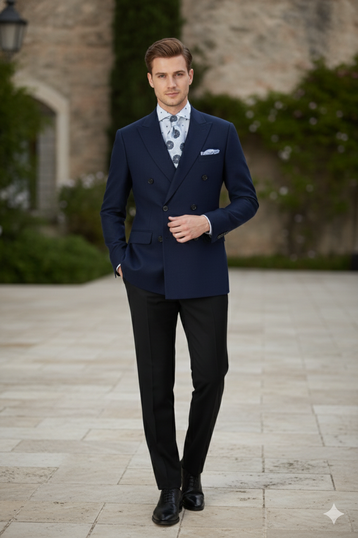 Mens Navy Blue Double-Breasted Blazer - Suit Jacket  Premium Tailored Fit Formal Wedding and Business Sport Coat