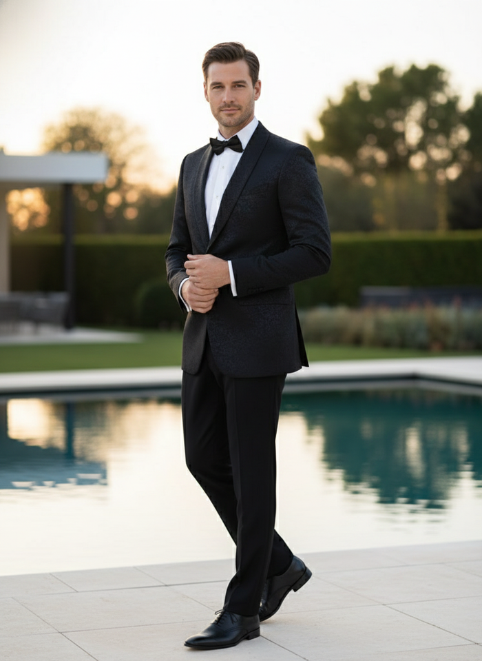 Mens Black Textured Paisley floral Tuxedo Suit  Premium Slim Fit Formal Wedding, Prom, with Bowtie