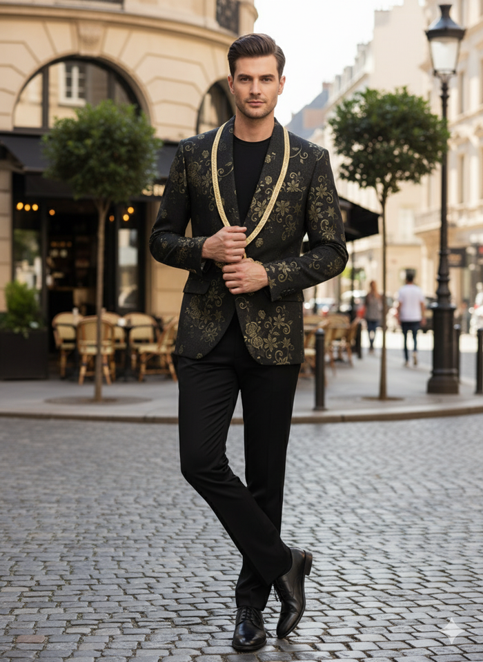 Mens Black and Gold Embroidered Luxury Blazer  Designer Floral Pattern Wedding & Party Jacket (Sim534)