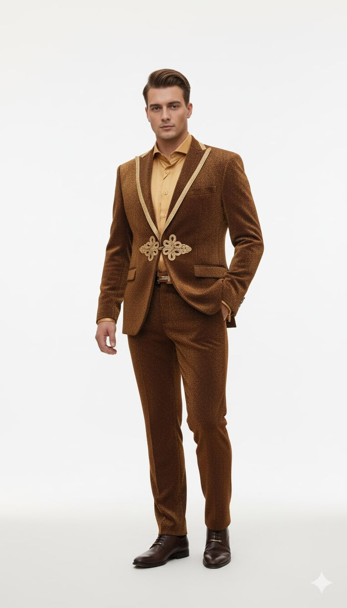 Mens Bronze Shiny Velvet Suit  Designer Party and Wedding Wear Blazer and Pant Set Brown and Gold Tuxedo