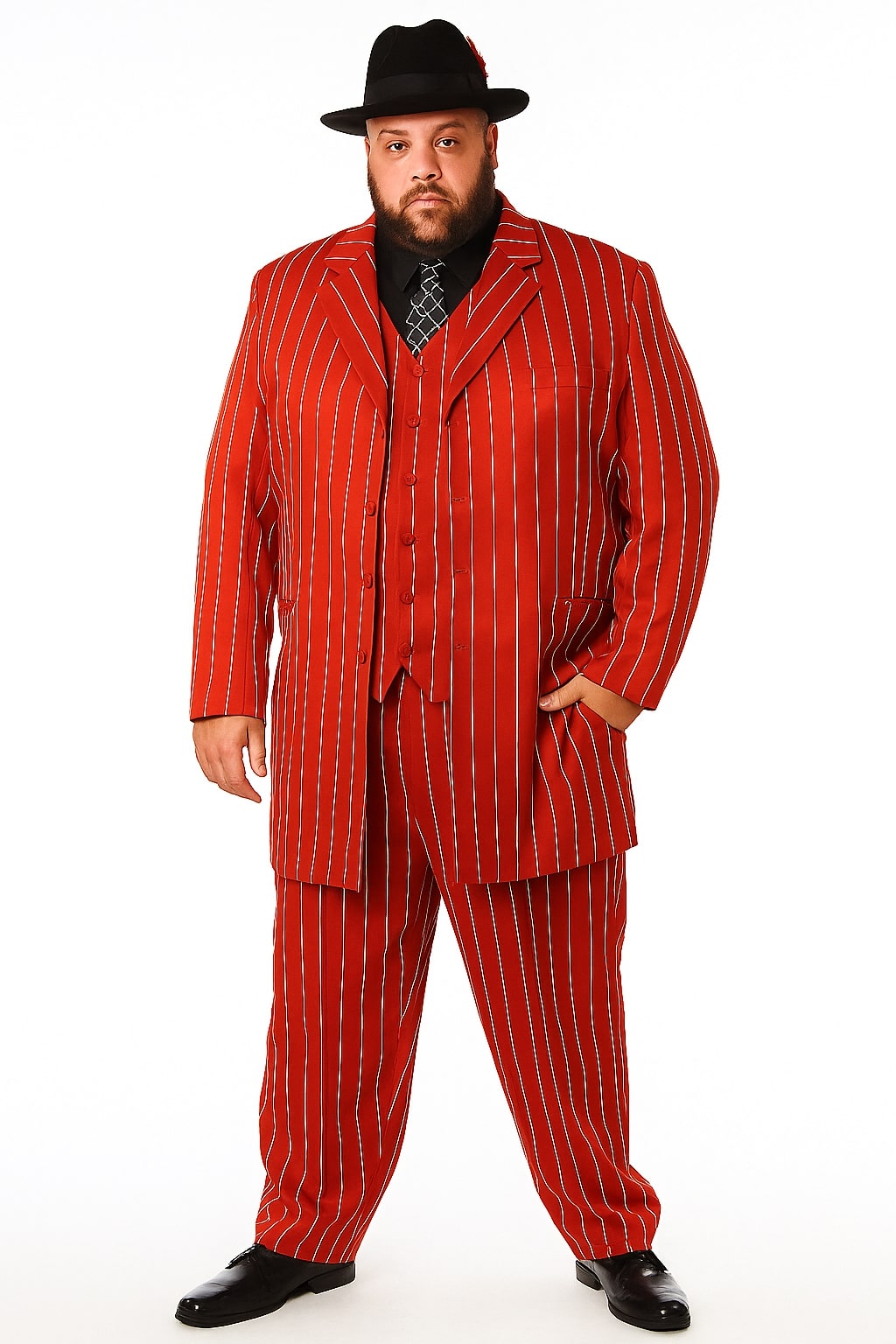 Mens Red Pinstripe Zoot Suit  1920s Gangster Pimp Style with Long Jacket & Matching Hat