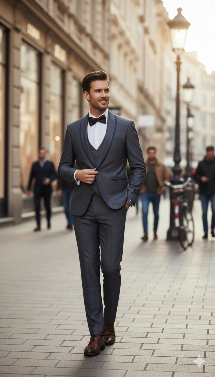 Mens Charcoal Gray with blue Trim Slim Fit 3-Piece Suit  Modern Wedding and Business Formal Tuxedo Set