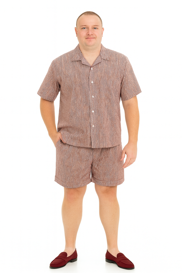 Men's Burgundy Reddish Seersucker Short Set Walking Suit - Two-Piece Cuffed Shorts with Expandable Waist