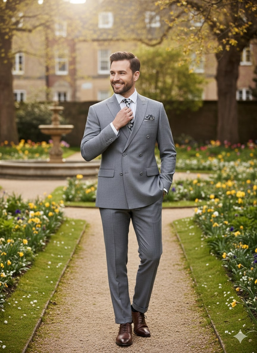 Mens Grey Tone on Tone Double-Breasted Suit  Classic Slim Fit 2 Piece Formal Business Gray Shadow Stripe