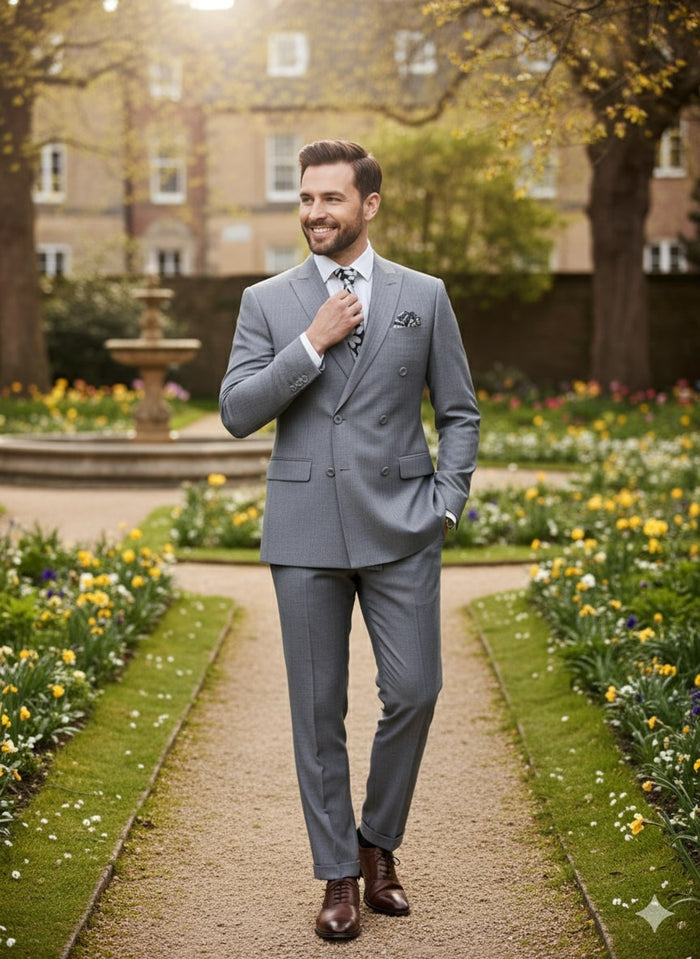 Mens Grey Tone on Tone Double-Breasted Suit  Classic Slim Fit 2 Piece Formal Business Gray Shadow Stripe