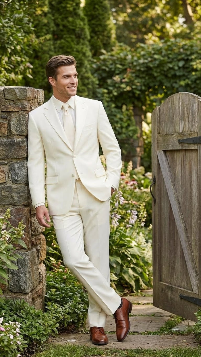 Mens Ivory Tuxedo Suit with Satin Notch Lapel  Formal Wedding and Evening Wear Suit in Cream Off White Color